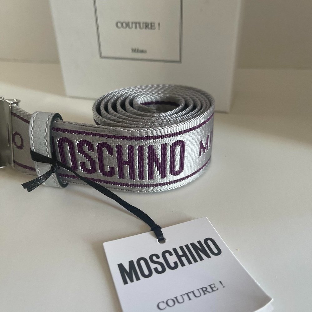 NWT Silver Moschino logo tape belt 30inch waist